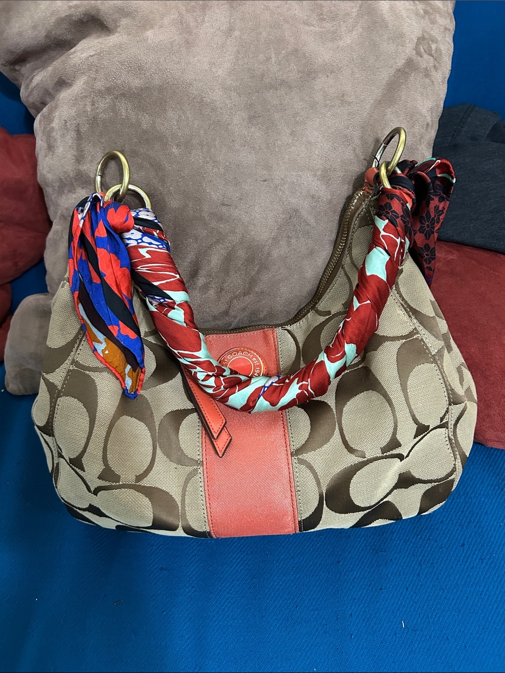 Coach Signatura hobo Shoulder Bag in Tan and Coral with Patterned Scarf Handl